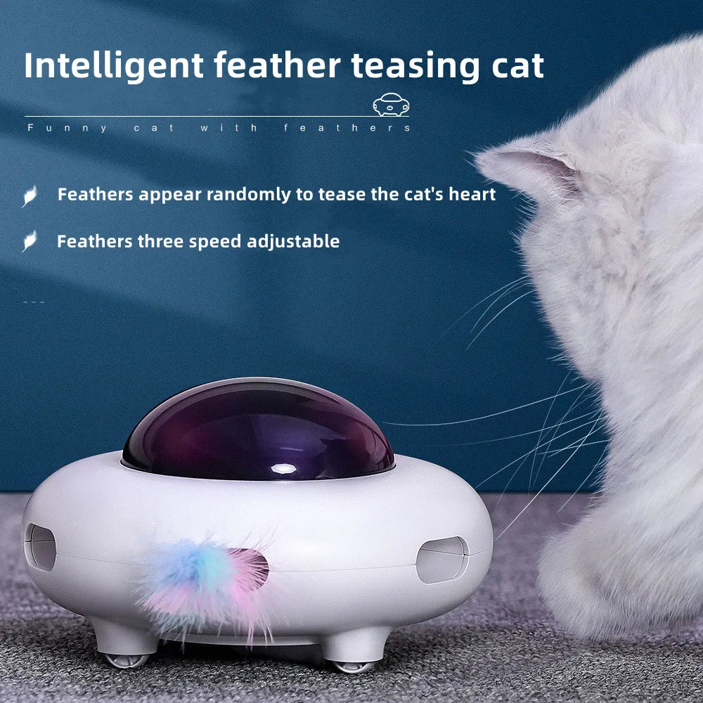 Cat Toy Smart Teaser UFO Pet Turntable Catching Training Toys USB Charging Cat Teaser Replaceable Feather Interactive Auto