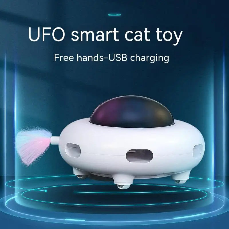 Cat Toy Smart Teaser UFO Pet Turntable Catching Training Toys USB Charging Cat Teaser Replaceable Feather Interactive Auto